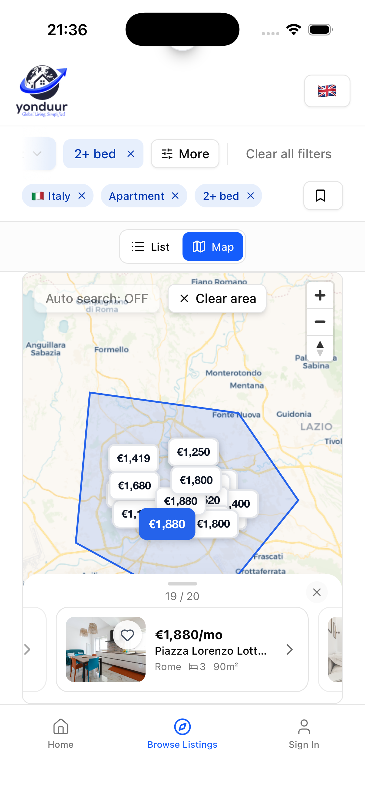 Interactive map search interface
