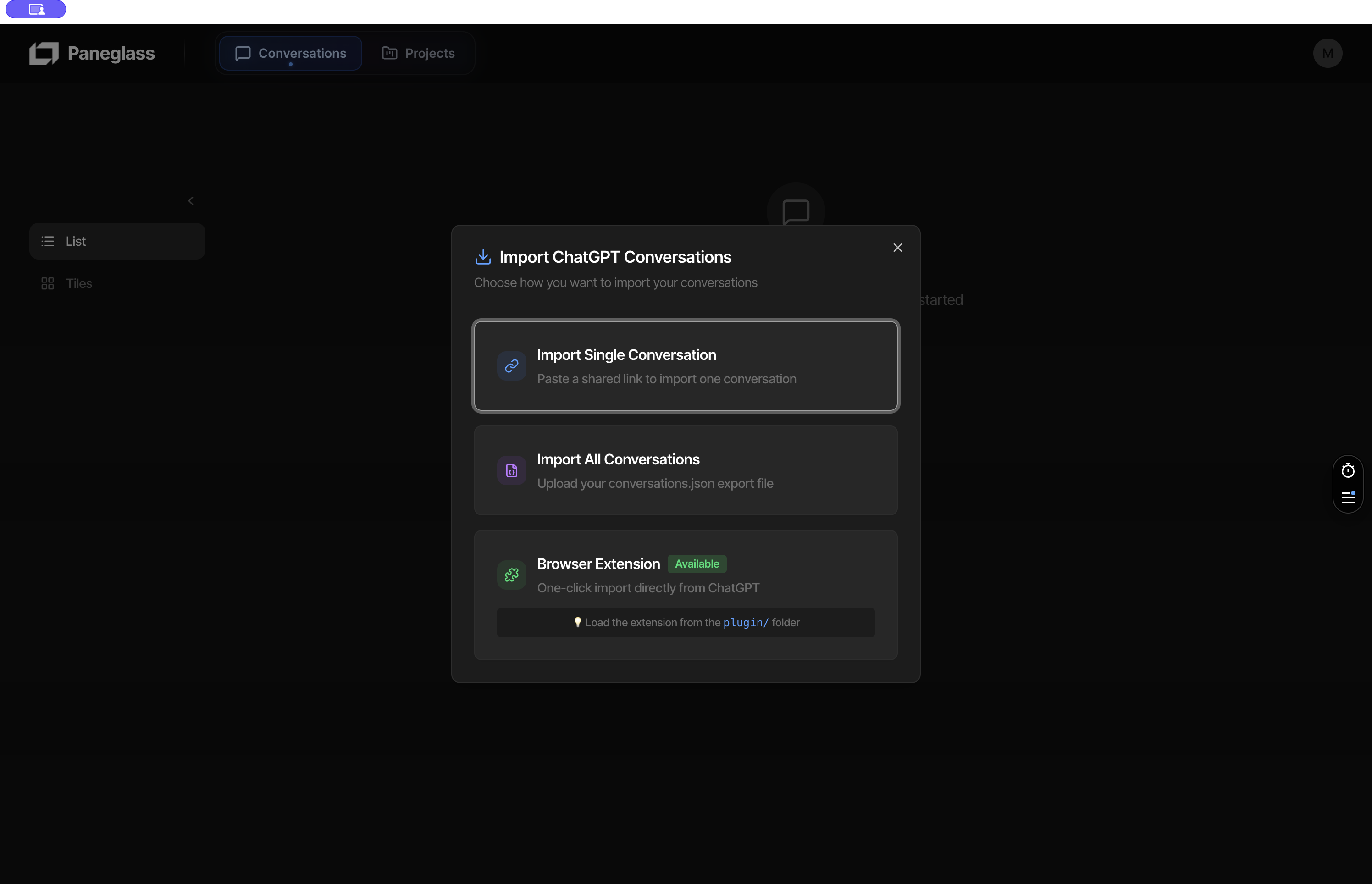 Import modal interface